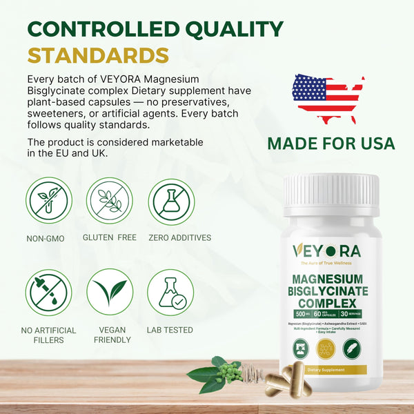 VEYORA Magnesium Bisglycinate Complex Capsules | 120 mg Magnesium per Serving | with KSM-66® Ashwagandha, GABA, L-Theanine & Melatonin | 60 Veg Capsules | Made for USA