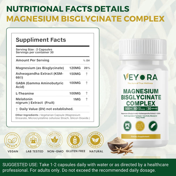 VEYORA Magnesium Bisglycinate Complex Capsules | 120 mg Magnesium per Serving | with KSM-66® Ashwagandha, GABA, L-Theanine & Melatonin | 60 Veg Capsules | Made for USA