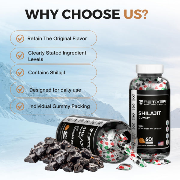 nETiXER Shilajit Gummies 100mg per Serving | 60 Vegan Gummies | Natural Resin Extract with Fulvic Acid | Gelatin-Free, Gluten-Free, Non-GMO | Individually Wrapped | Dietary Supplement for Everyday