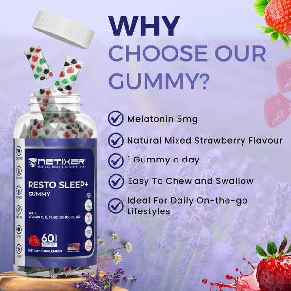 nETiXER Resto Sleep+ Gummies – Melatonin 5mg, Valerian Root 30mg, Chamomile, Lavender | with Vitamin C, E, B1, B2, B3, B5, B6, B12 | 60 Vegan Gummies | Strawberry Flavor | Individually Wrapped