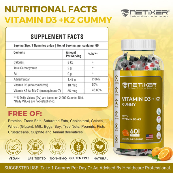 nETiXER Vitamin D3 K2 Gummies for Adults – 60 Vegan Orange Gummies | 400 IU (10 mcg) D3 + 55 mcg Vitamin K2 MK-7 | Individually Wrapped, Gelatin-Free, Gluten-Free, Non-GMO | Halal Certified
